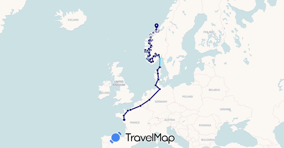 TravelMap itinerary: driving, boat in Germany, Denmark, France, Norway (Europe)